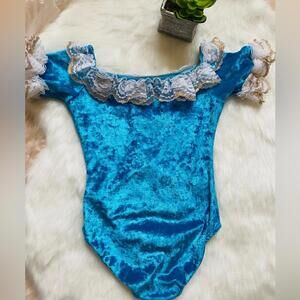 Blue Velvet Girl's Dance Bodysuit with Lace Ruffle Detail